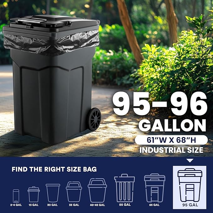 Plasticplace 95-96 Gallon Garbage Can Liners │ 1.5 Mil │ Black Heavy Duty Trash