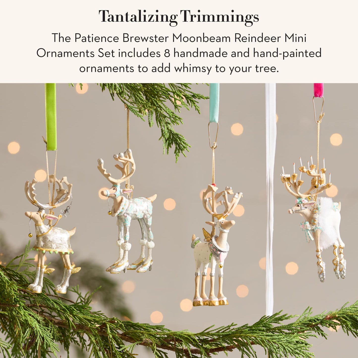 MACKENZIE-CHILDS Patience Brewster Mini Ornaments Set, Mini Christmas Ornaments, Moonbeam Reindeer