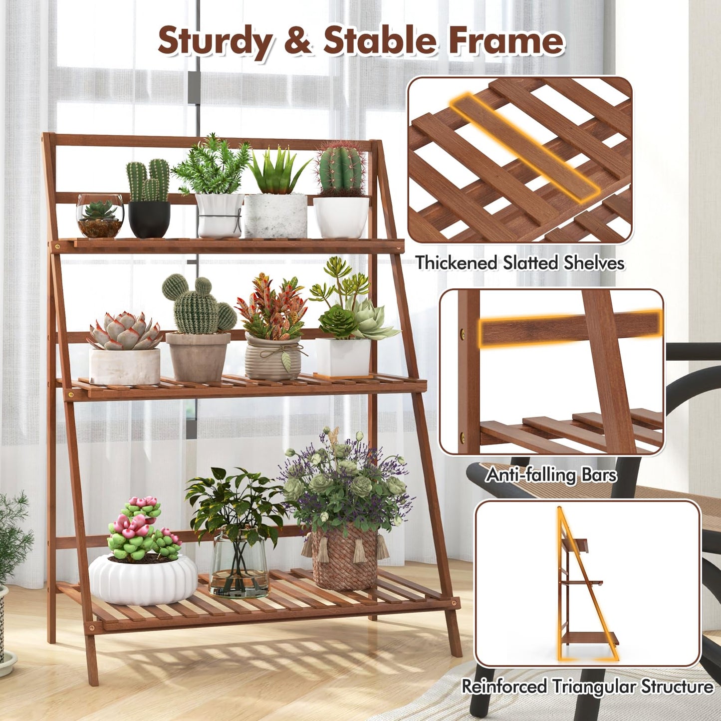 DREAMADE Plant Stand, 3 Tier Bamboo Ladder Plant Stand with Foldable Design, Anti-falling Crossbar, Freestanding Plant Shelf for Indoor Outdoor, Living Room Balcony Patio Garden