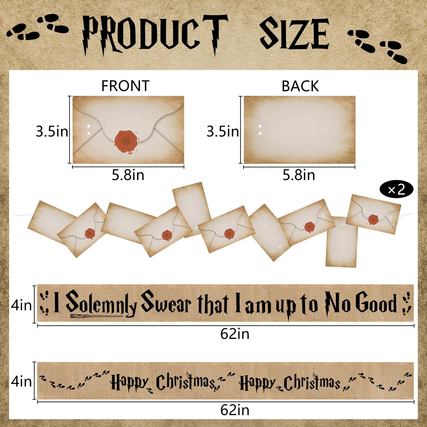 Mizelu 2 Set 62''x 4'' Christmas Tree Burlap Ribbon Garland, Wizard Burlap Ribbon Tree Decoration with 2 String Letter Cards, Xmas Rustic Burlaps Ribbons Decor for Christmas Hanging Home DIY Craft