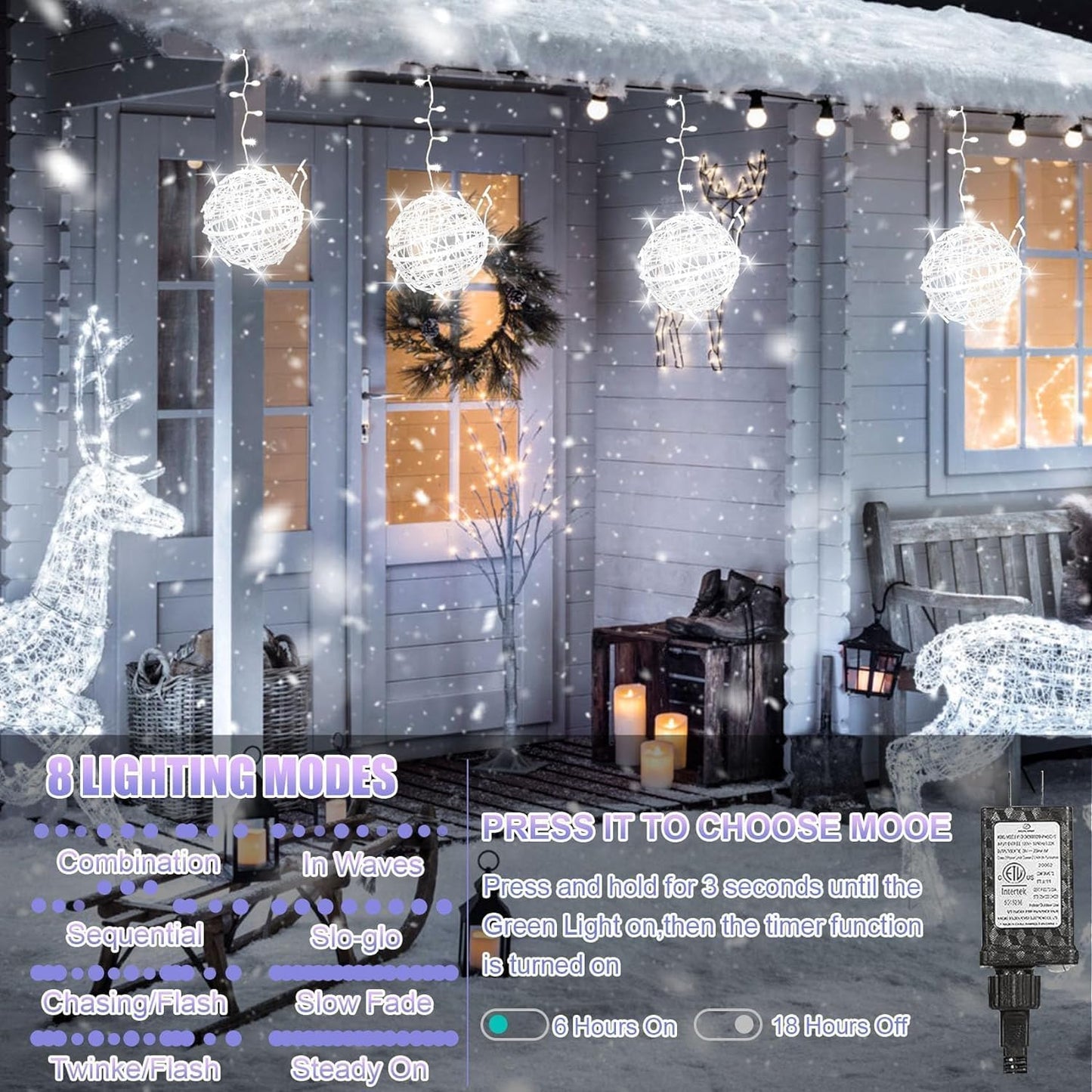 Baung Christmas String Lights Outdoors,4 Pack 7.98" Sphere Ball Tree Garden Globe Lights for Home, Party, Christmas, Porch Patio,Wedding, Garden,Tree Decoration with Memory Function Plug