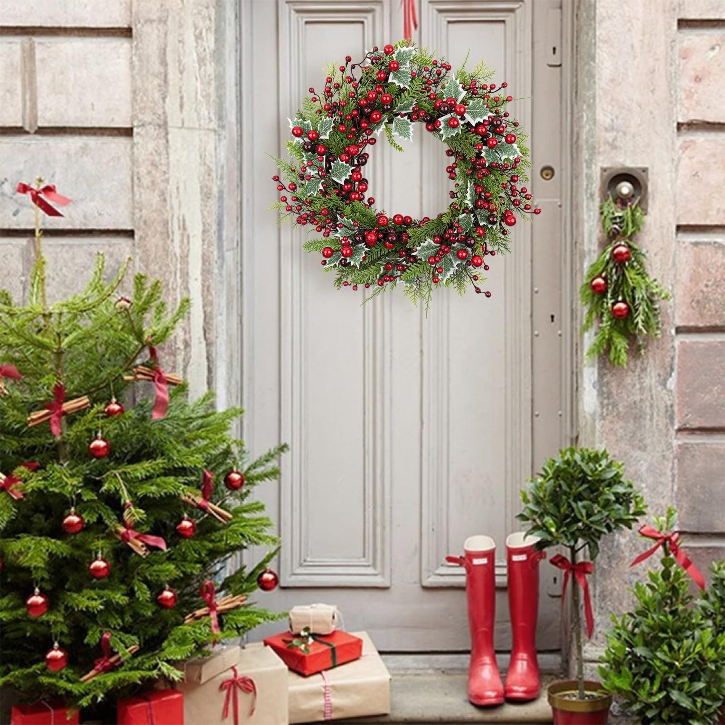 LLZLL Christmas Wreath for Front Door 20 Inch Indoor Christmas Wreaths Artificial Red Berry Wreath with Norfolk Pine and Holly Leaf for Holiday Celebrations