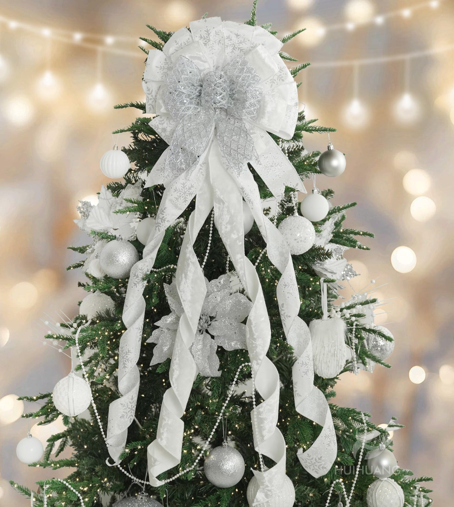 HUIHUANG Silver and White Christmas Tree Topper Bow 13 inch x 45 inch Large Glitter Christmas Bows Snowflake Velvet Bows for Christmas Tree Ornament, Wreaths, Staircase, Mantel, Home Decor