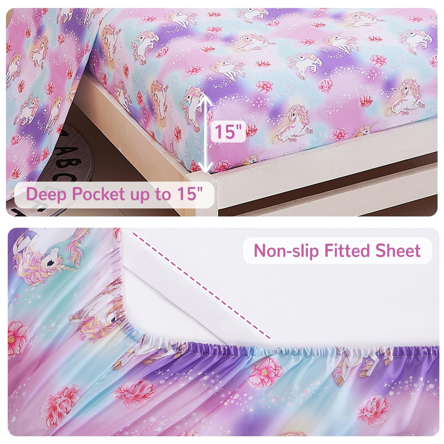 Viviland Kids Twin Bedding Sets for Girls, Soft Twin Comforter Set with Sheets, 5 Pieces Microfiber Bed in a Bag, White Unicorn Pink Cloud Rainbow