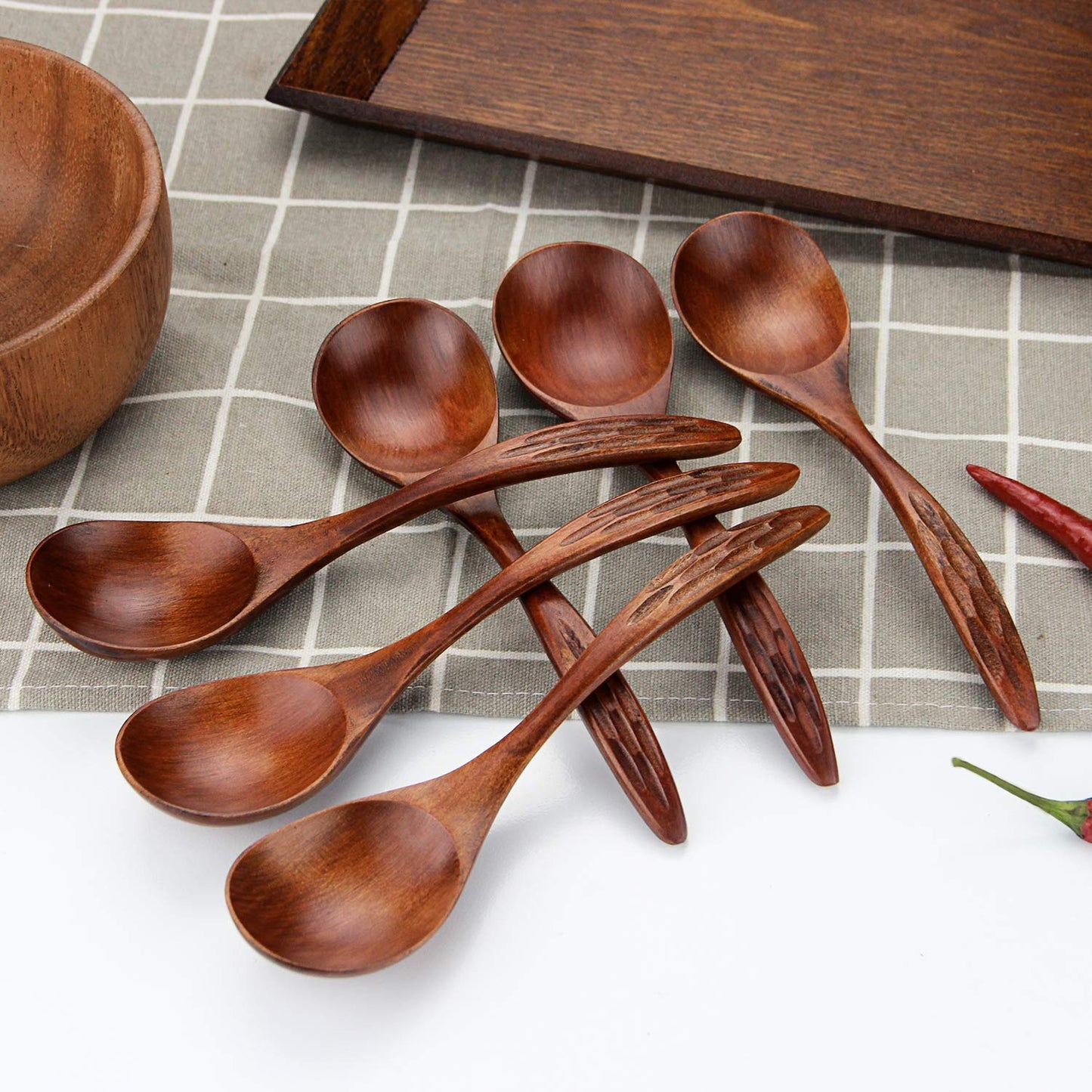 IQCWOOD Wooden Soup Spoons, Magic Wooden Spoons for Eating, 6 Pieces 6.8 inch Asian Soup Spoon for Salad Desserts, Coffee, Snacks, Cereal, and Fruit