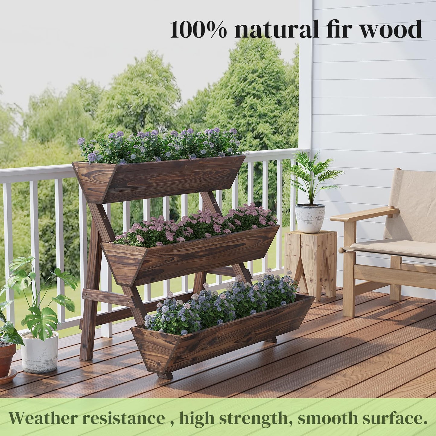 PULIJIAJU 3-Tier Wooden Vertical Raised Garden Bed with Legs, Tiered Planter Box, Vertical Garden Planter,Wood Plant Stand Wood Flower Rack for Patio, Balcony, Freestanding. (Carbonized-Large)