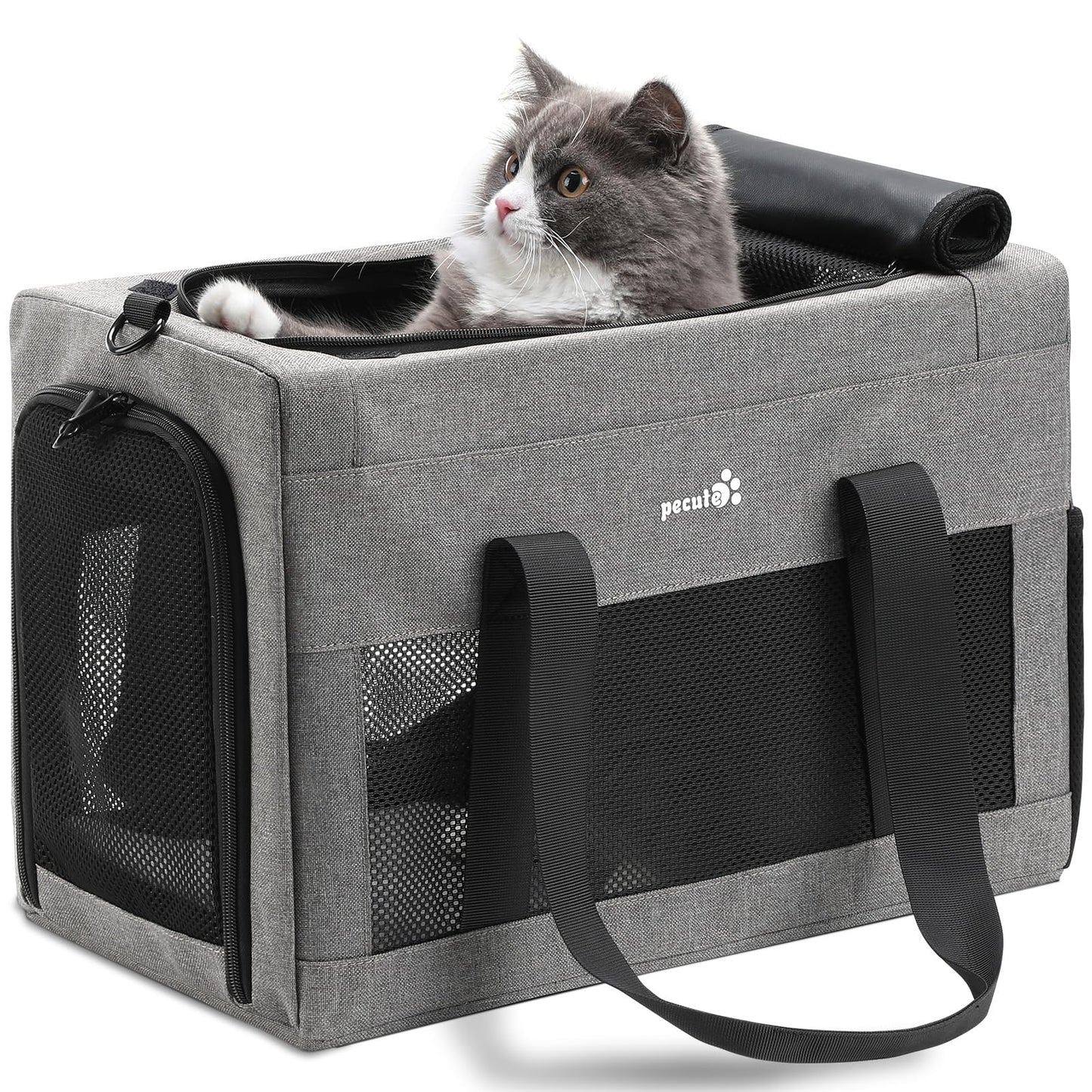 pecute® Cat Carrier Airline Approved, Extra Stable Cat Carrier Handbag, Portable Dog Carrier, Breathable Mesh Fabric Bag for Pets, Pet Carrier Suitable for Both Long And Short Trips Grey