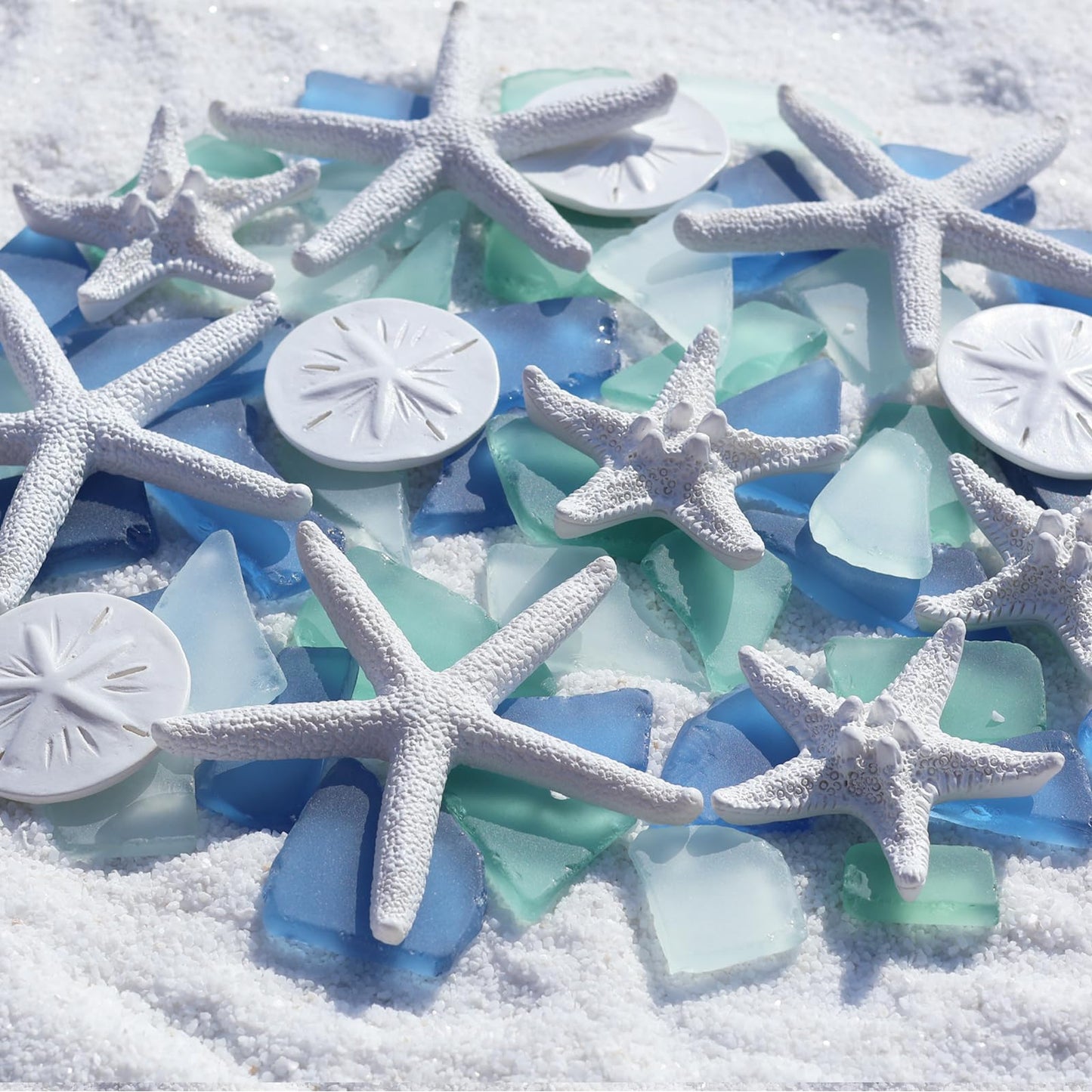 QYGL 12 Resin Starfish & 10oz Sea Glass Decor - Frosted Seaglass Pieces & Starfish Sand Dollar for DIY Crafts, Beach Weddings, Vase Filler, and Home Decor Ornaments (Blue, Aqua Green, White)