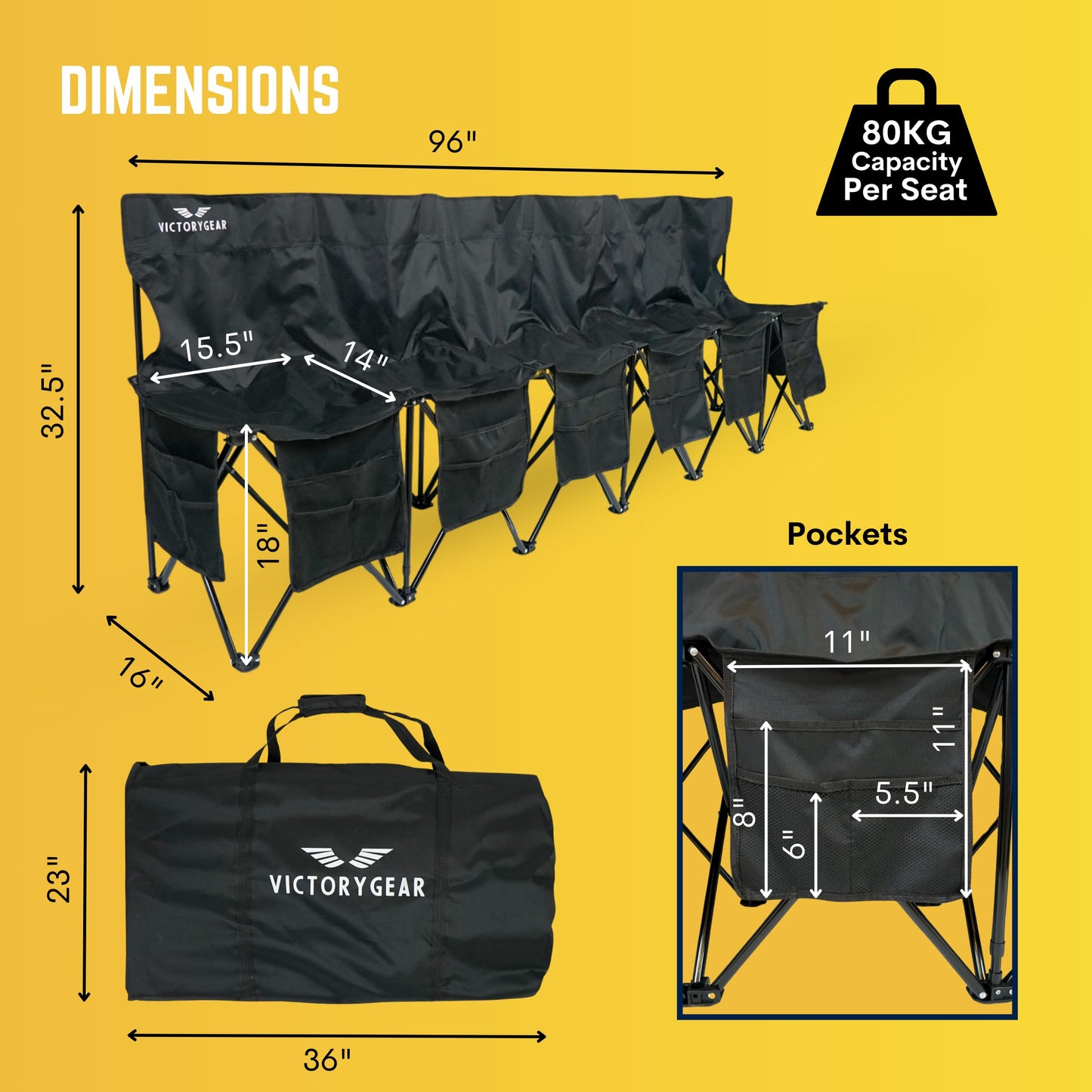 VictoryGear Portable Soccer Bench – 6 Seat Folding Team Chair with 8 Pockets & Carrying Bag – Lightweight Sideline Seating for Soccer, Baseball, Camping, Outdoor Events