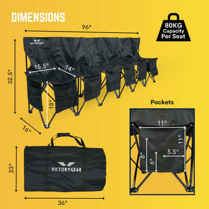VictoryGear Portable Soccer Bench – 6 Seat Folding Team Chair with 8 Pockets & Carrying Bag – Lightweight Sideline Seating for Soccer, Baseball, Camping, Outdoor Events