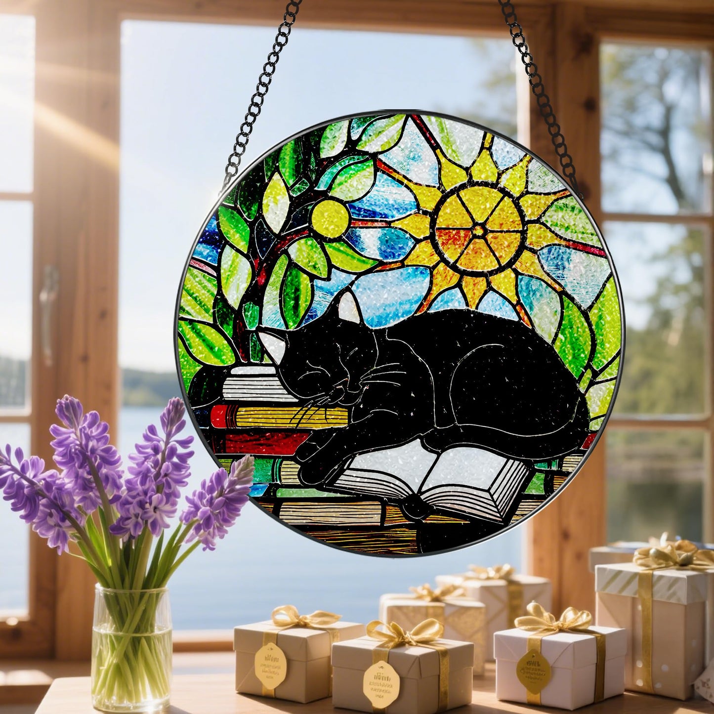 Stained Glass Window Hanging, 8 Inch Black Cat on Book Stained Glass Suncatcher, Window Decor Hanging, Cat Lover Gifts, Reading Decor, Bookish Gift, Librarian Gift, Book Lover Gifts