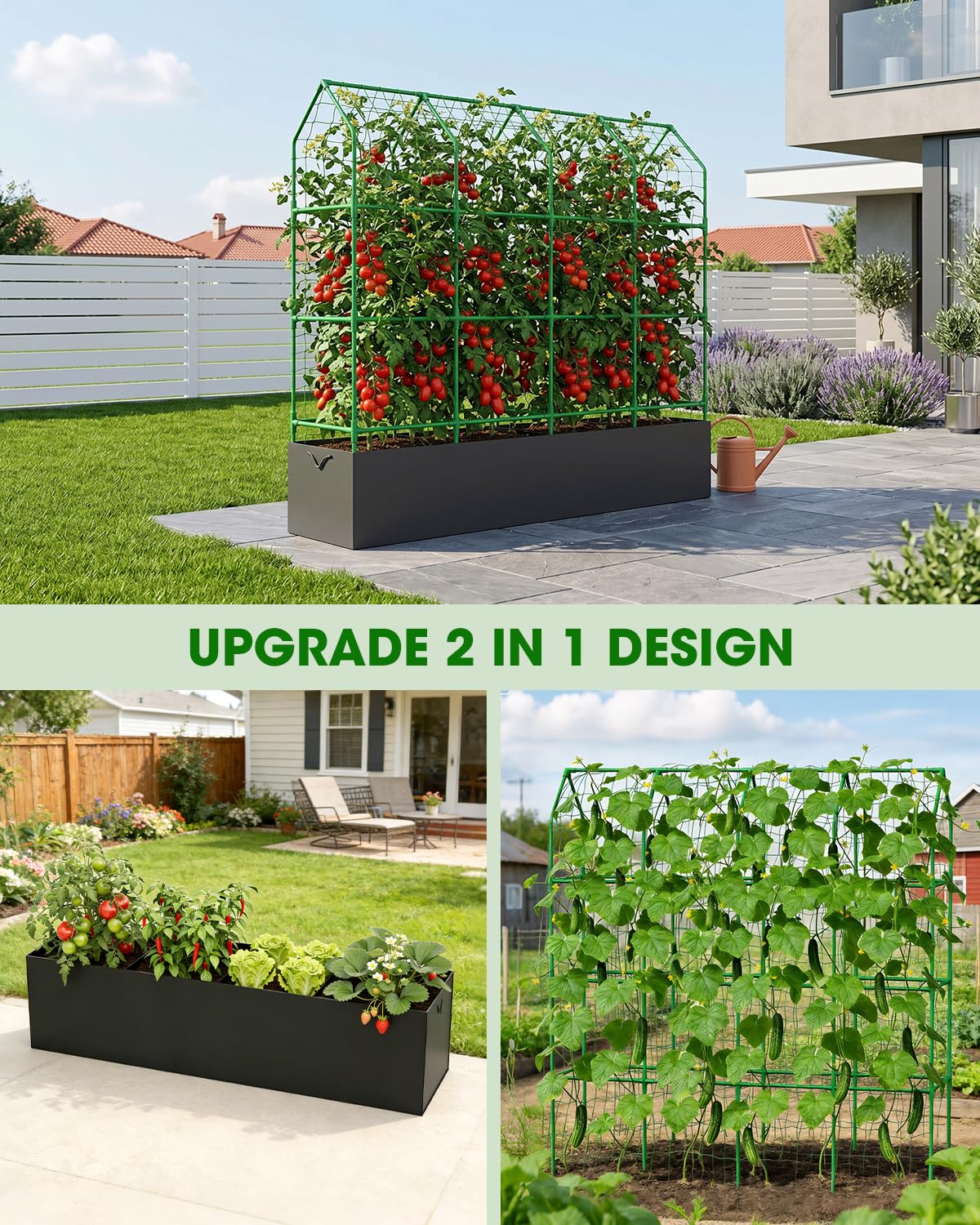 65" Cucumber Planter with Trellis for Climbing Plants Outdoor, Metal Garden Trellis for Raised Bed, Plant Support Structures with Netting for Cucumbers Tomatoes Beans Peas (67 * 17 * 65inch(L*W*H)