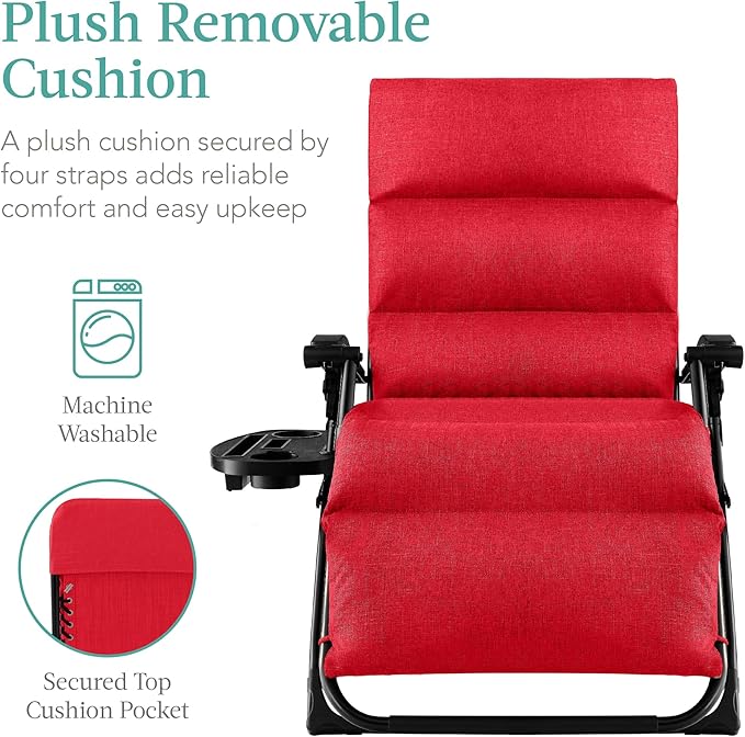 Best Choice Products Oversized Zero Gravity Chair, Folding Outdoor Patio Recliner, XL Anti Gravity Lounger w/Removable Cushion, Cup Holder, Side Tray, 350lb Capacity - Crimson Red