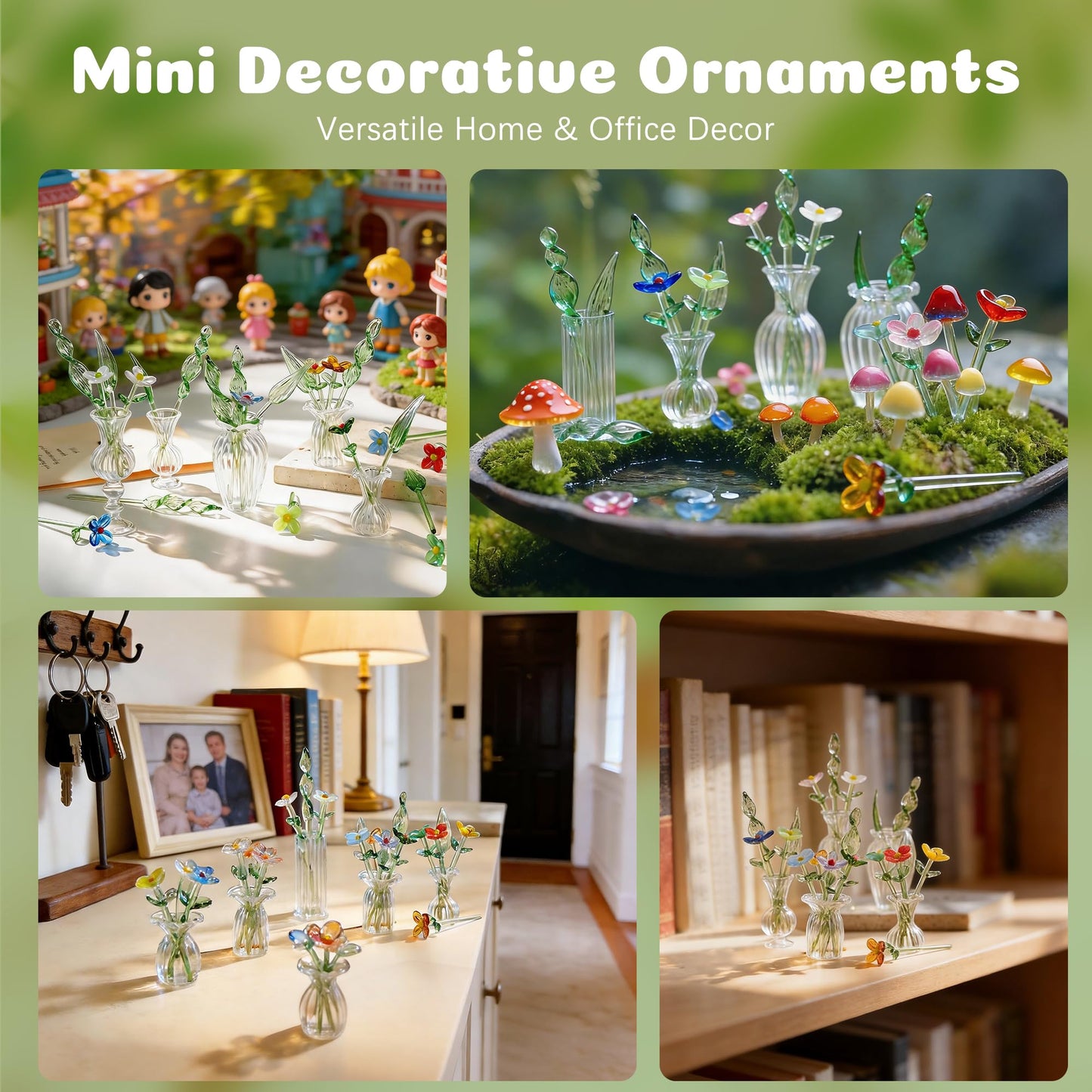 H&D HYALINE & DORA 7 Pcs Mini Glass Flower Hand Blown Glass Artificial Flowers with Clear Vase Crystal Wildflower Collectible Ornament for Women Mom Wedding Home Table Centerpiece(Style 1)