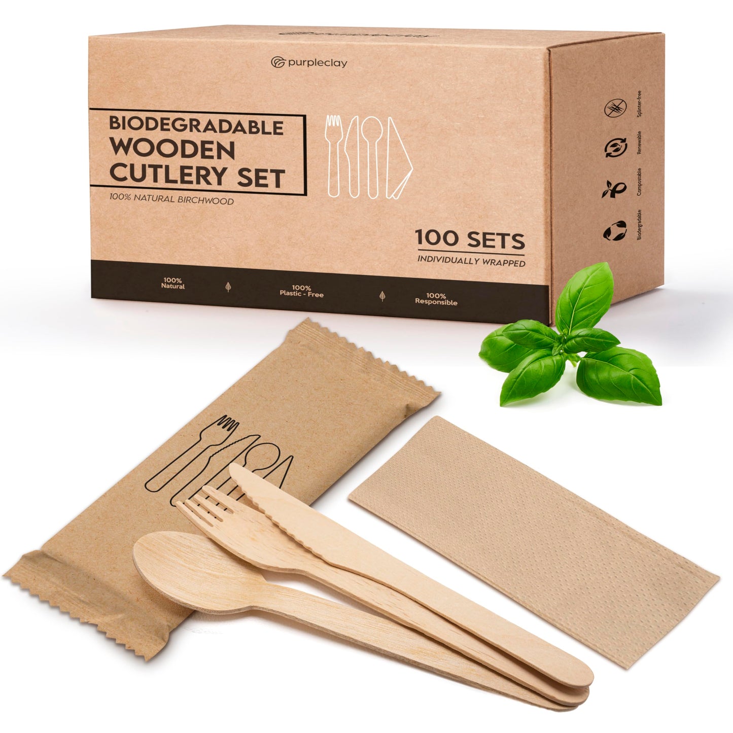 PURPLECLAY Wooden Disposable Utensils Set, 300 Pieces | Wrapped Utensils and Napkins, 100 Sets | Compostable Silverware for Parties | Eco Friendly, Plastic-Free Alternative to Bamboo Cutlery