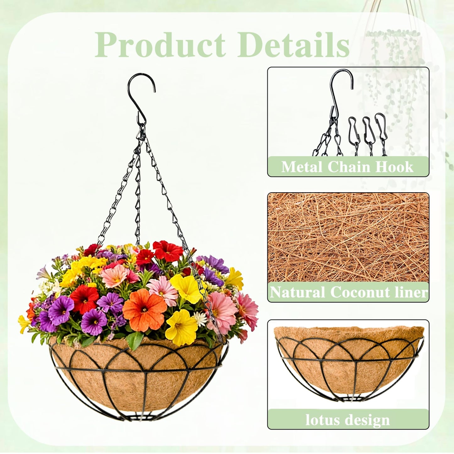 EIMQUVW 4-Pack Outdoor Metal Hanging Baskets 14 Inches Black Round Flower Pot with Coconut Fiber Lining Decorative Wire Hanging Planter Suitable for Patios Gardens and Walls