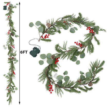 DR.DUDU Christmas Garland Decorations, 6FT Garlands with Lights Timer Indoor Decoration Pre-Lit Green Garland with Pine Cones Red Berry for Mantle Outdoor Fireplace Stairs Holiday Winter Decor