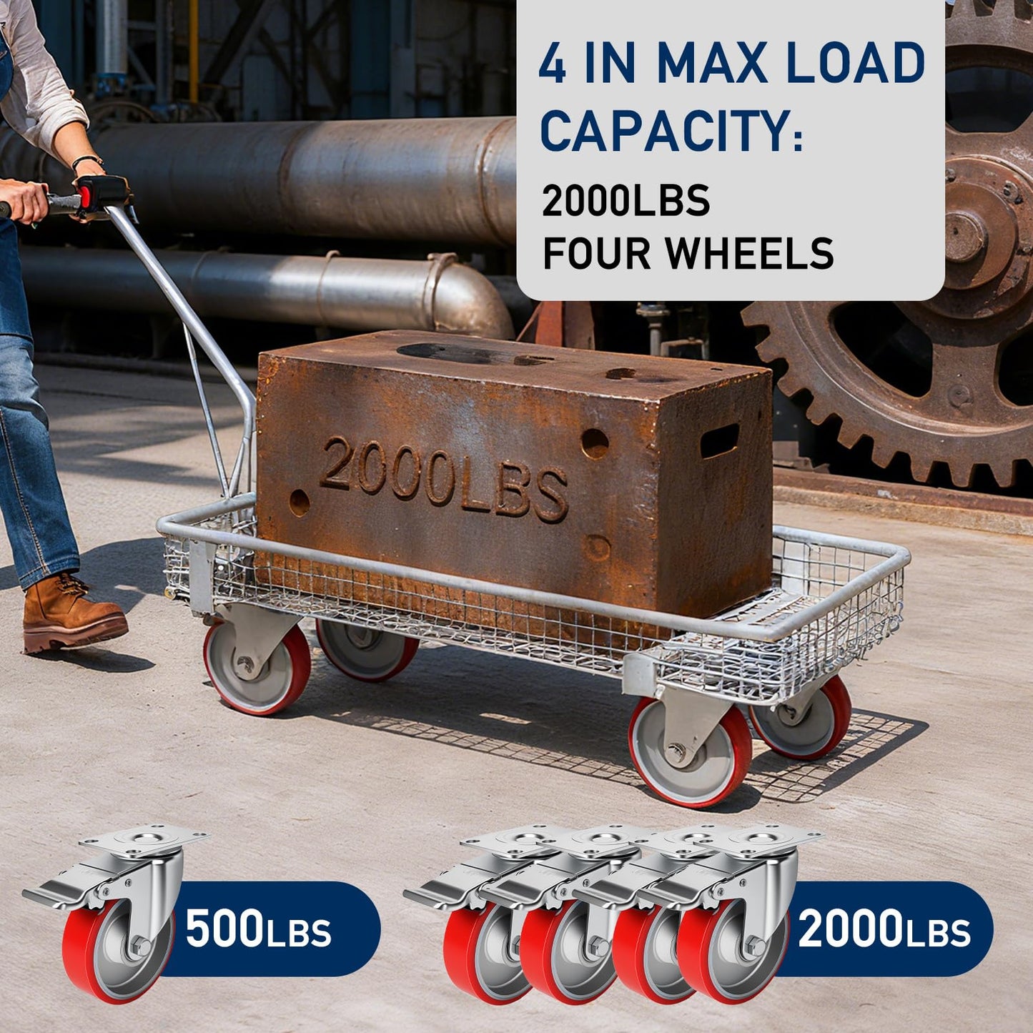 4 Inch Caster,Heavy Duty Caster Wheels Set of 4,Load 2000 Lbs,Polyurethane Steel Wheels,Swivel Wheels with Brake for Trolleys,Warehouse Cargo Handling,Workbench(4Brake)
