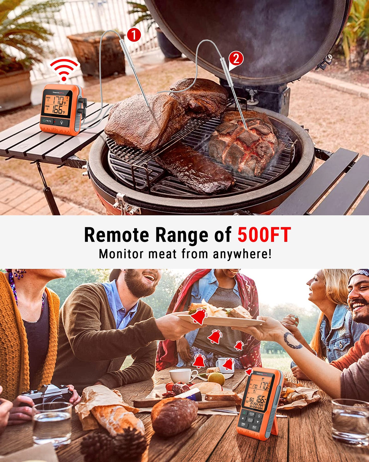 ThermoPro TP829 1000ft Wireless Meat Thermometer Digital for Grilling and Smoking, 4 Meat Probes Grill Thermometer for Outside Grill, BBQ Thermometer for Cooking Turkey Temperature Indicator