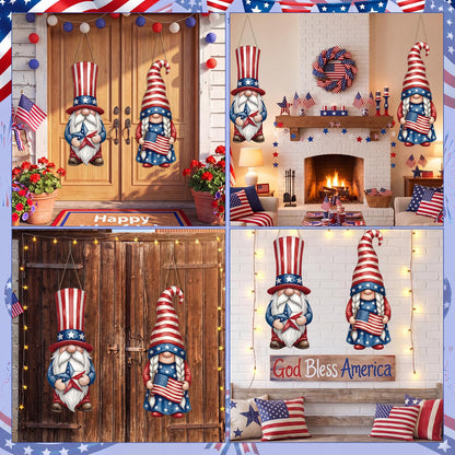 Thyle 2 Pcs Large Patriotic Gnomes Hanging Sign 32.3 x 12.2 Inch 4th of July Wooden Front Door Decorations Gnomes Wood Porch Sign for Independence Day 250th Anniversary Door Hanger