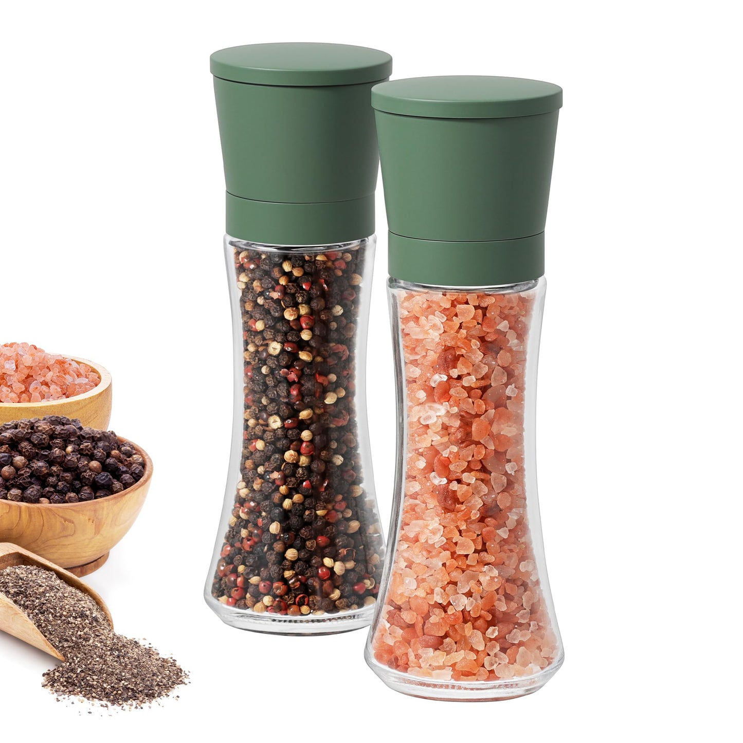 VEVOK CHEF Green Salt and Pepper Grinder Mill Set Stainless Steel Pepper Shaker Adjustable Ceramic Coarseness Salt Grinder Black Pepper Spice Grinder Mill