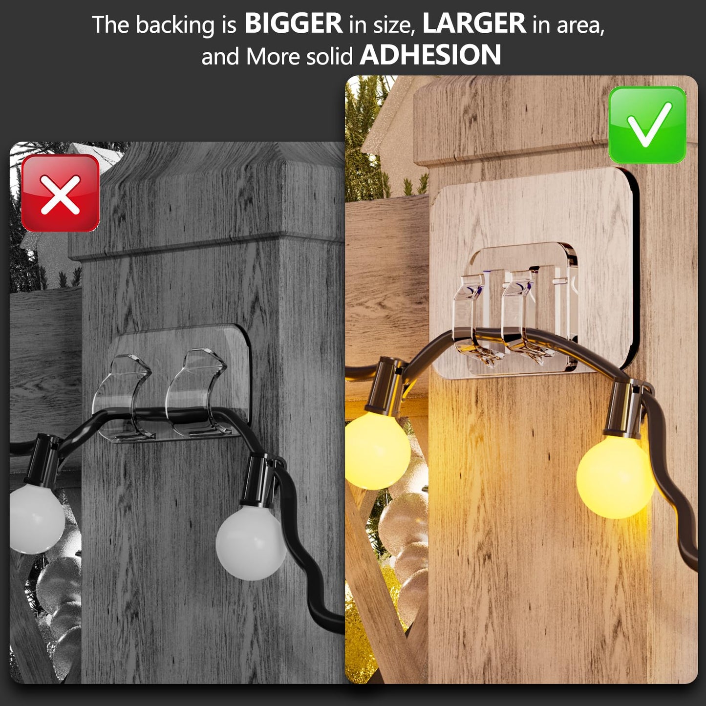 Galetcy Hooks for Outdoor String Lights - 100 Pack with Adhesive Strips - No Damage, No Tools, No Holes, Waterproof and UV-Resistant, Perfect for Christmas and Patio Decor