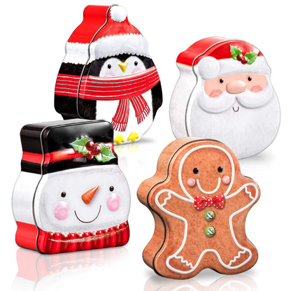 Whaline Christmas Cookie Tins with Lid Xmas Metal Cookie Tin Box Santa Clause Snowman Gingerbread Penguin Xmas Card Tin Box Cute Assorted Card Holder Containers for Christmas Party Decor, 4 Pcs