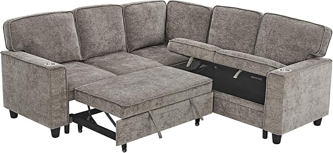L-Shaped Sectional Couch with Storage and Pull Out Bed, Convertible Sofa Bed