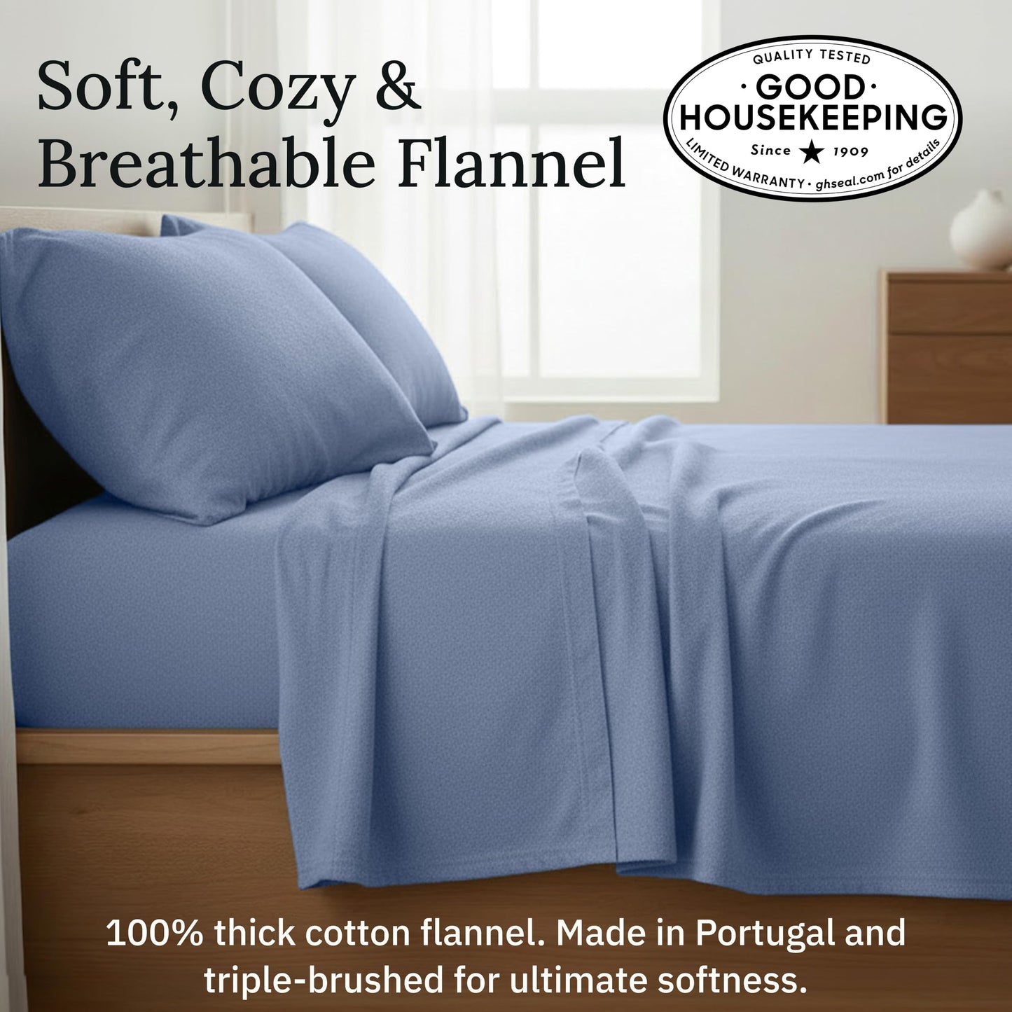 California Design Den Flannel King Size Sheets Set - Made in Portugal, 4-Piece 100% Cotton Flannel Sheets King Size, Thick, Velvet Soft, Triple-Brushed with Extra Deep Pockets - Heather Blue
