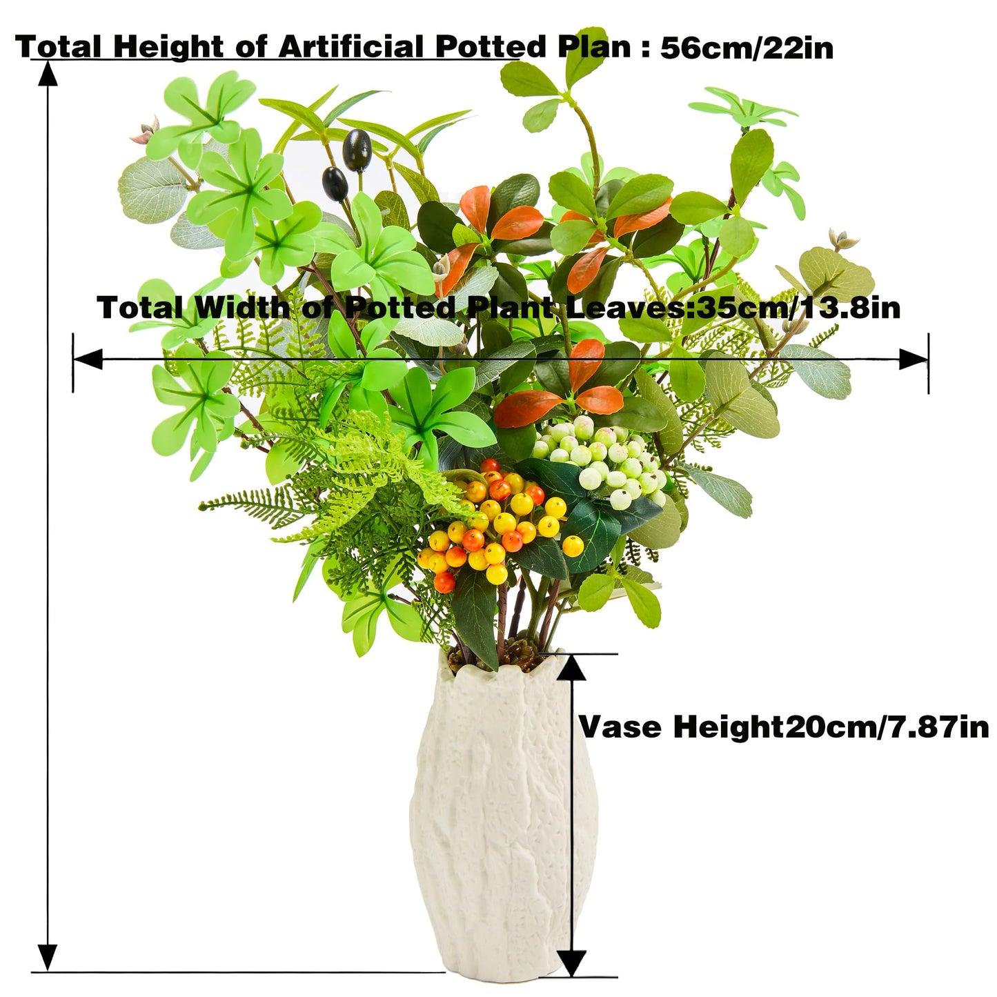 K&Y Realistic Artificial Potted Plants Olive Wild Fern Berry Decor Low Maintenance Faux Greenery Indoor Fake Plants for Home Office Bathroom Kitchen Desk Shelf No Watering Needed (White Vase)