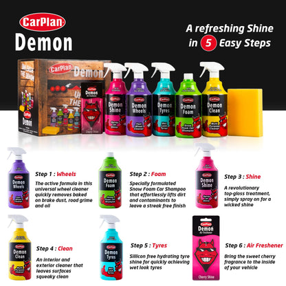 CarPlan Demon 7pc Car Care Gift Pack - Includes Demon Shine, Wheels, Foam, Tyres & More
