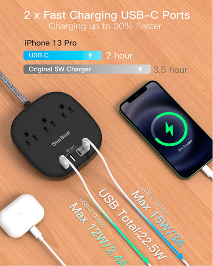 Flat Plug Power Strip, 6ft Ultra Flat Extension Cord - 3 Outlets 4 USB Ports (2 USB C) 22.5W/4.5A Desktop Charging Station, Power Strip No Surge Protection for Cruise Ship, Dorm Room Travel Essentials