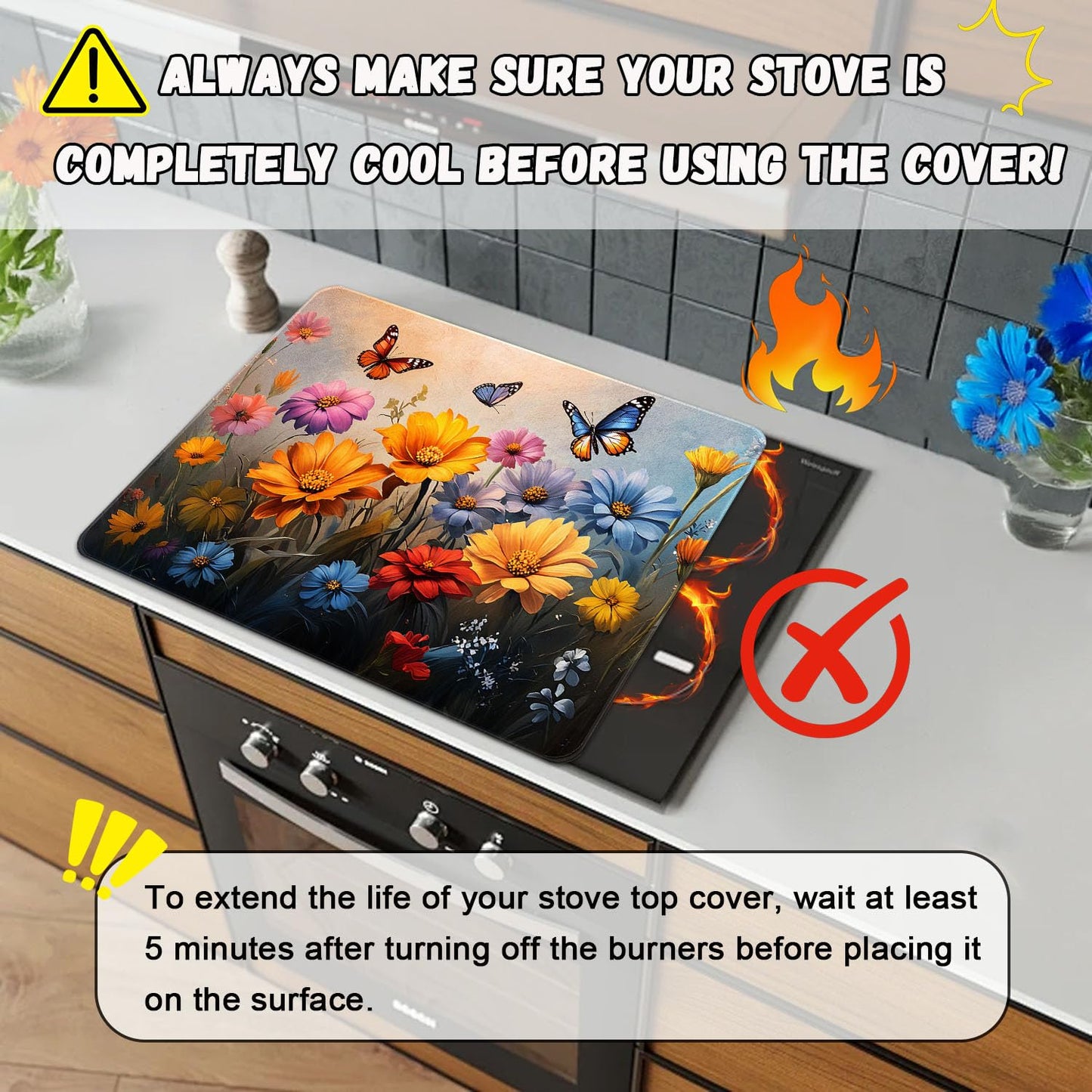 Floral Stove Top Cover for Electric Stove, Flower Range Covers, Butterfly Range Top Mat, Winter Holiday Cooktop Cover 28x20 inch, Glass Cooktop Covers for Kitchen Home Decor, Reusable Cover