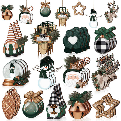 Huwena 40 Pcs Christmas Wooden Ornaments Winter Decorations for Xmas Tree Gingerbread Nutcracker Snowman Gnome Wood Cutouts for Small Tree Wreath Decor(Hunter Green,Winter Wonderland)