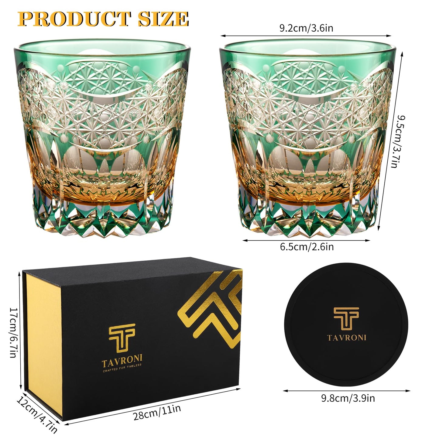 TAVRONI Edo Style Kiriko Whiskey Glasses Set of 2 - Japanese Art Glass Tumblers, Luxury Gift for Couples, Weddings, Anniversary, Perfect for Home Bar & Special Occasions, Crystal Barware with Gift Box