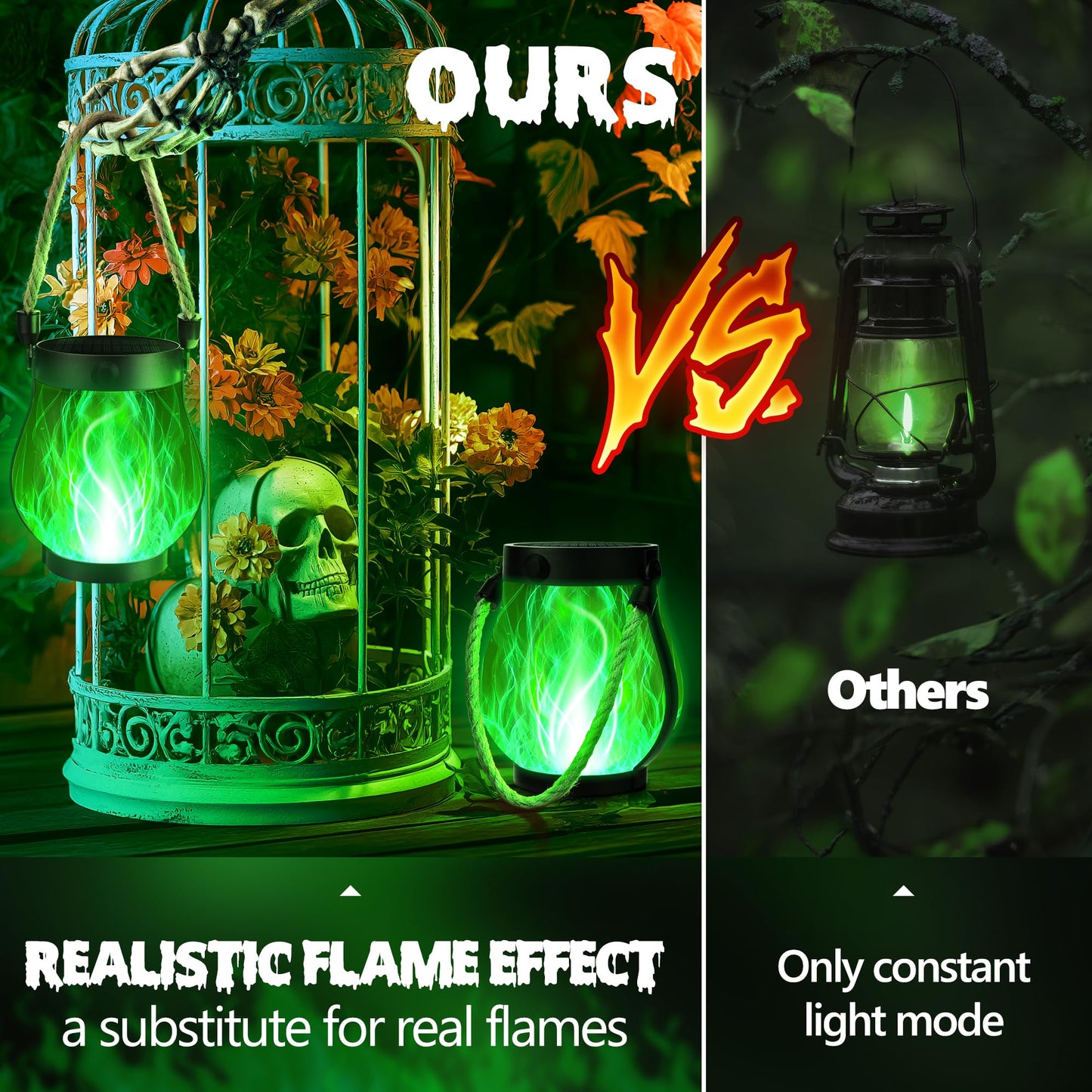 Jyoiat Solar Flame Lantern Hanging Outdoor Waterproof - 2 Pack Flame Lanterns with Dual Charging Modes of Solar & USB for Garden or Yard Decorations (Green - 2 Pack)