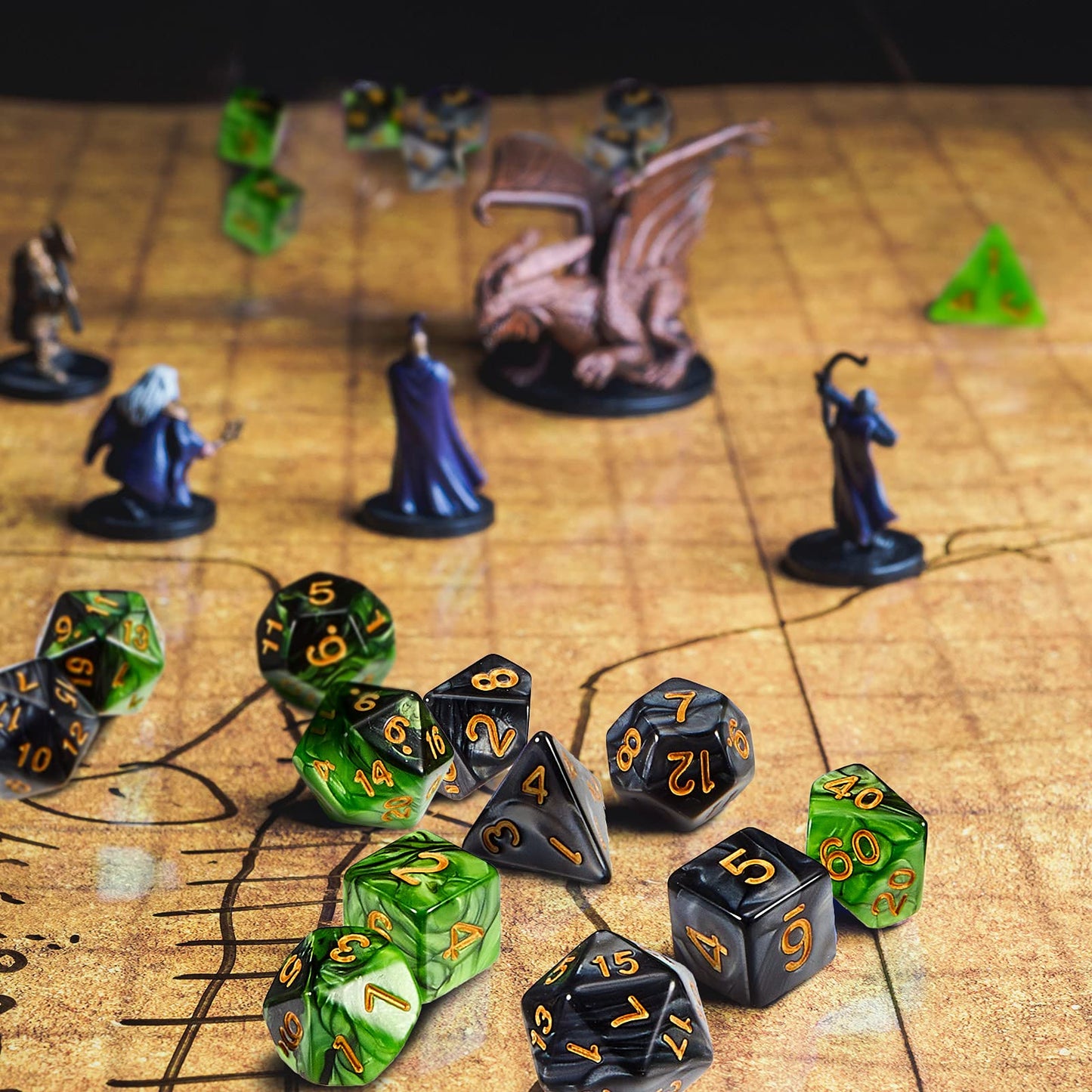 Skylety 2 Set Polyhedral Dice Set - 22 Pieces, Multisided Dice Set Smooth Touch with Drawstring Bag Compatible with RPG MTG Table Game(Green, Black)