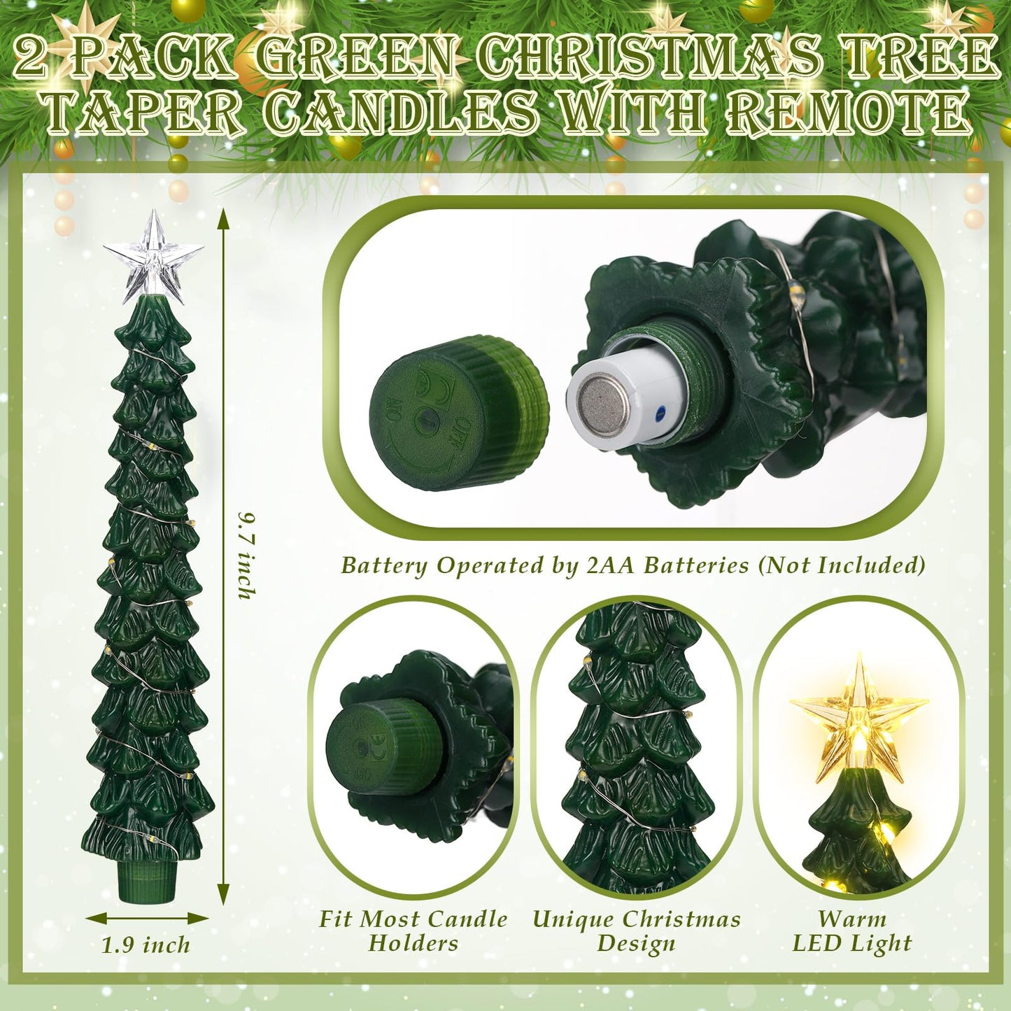 Tujoe 2 Pcs Green Christmas Tree Candles with Remote Flameless Taper Candles Flickering Led Xmas Candlesticks Battery Operated 3D Wick Warm Light for Holiday Winter Table Centerpiece Decorations