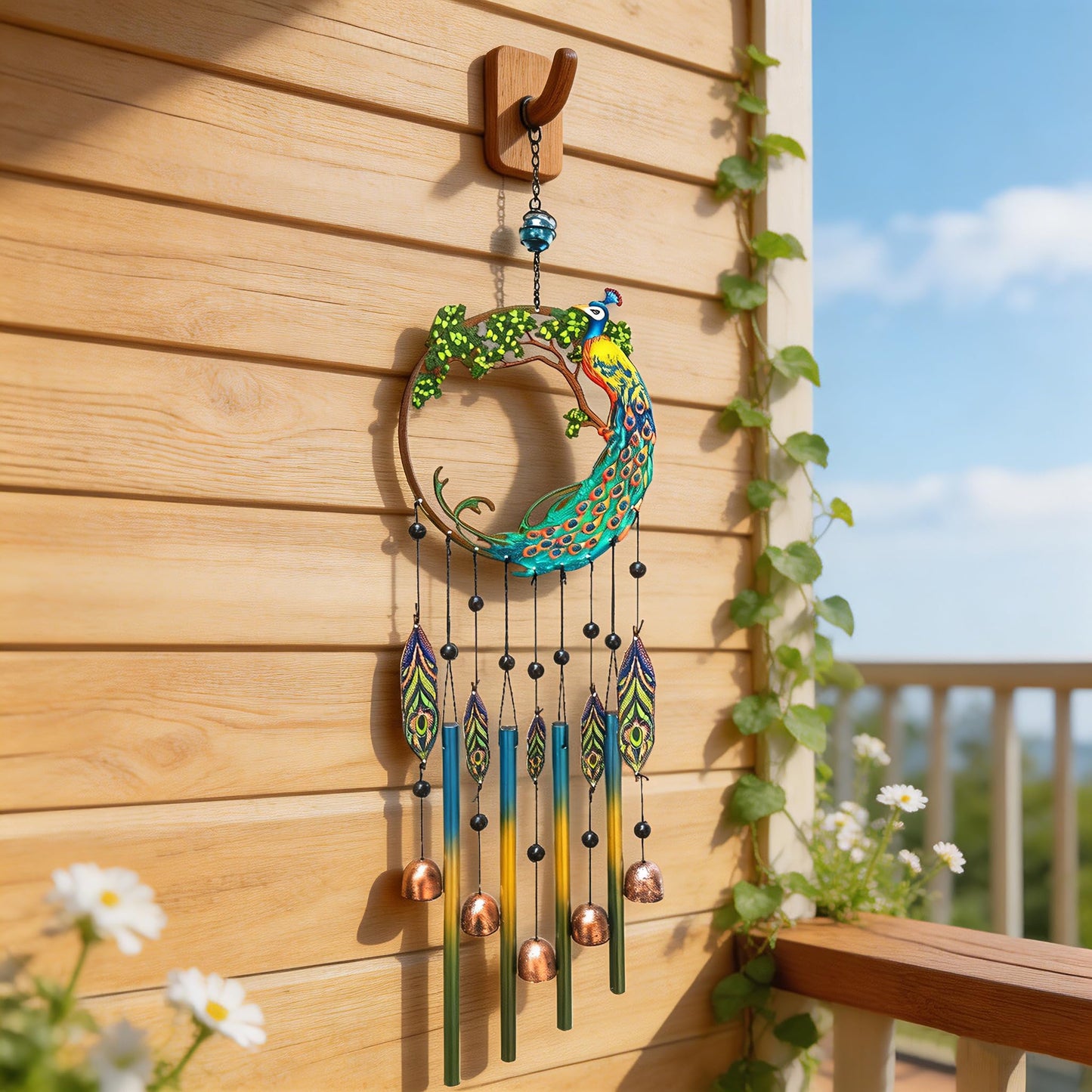 Peacock Dream Catchers Windchimes with Copper Bells 28" Peacock Wind Chimes for Zen Atmosphere Outdoor Garden Decor Unique Peacock Gift Home Decor