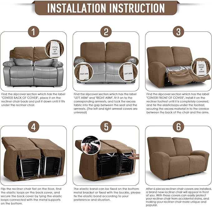 TAOCOCO Recliner Loveseat Slipcover, 6 Pieces Dual Recliner Sofa Covers