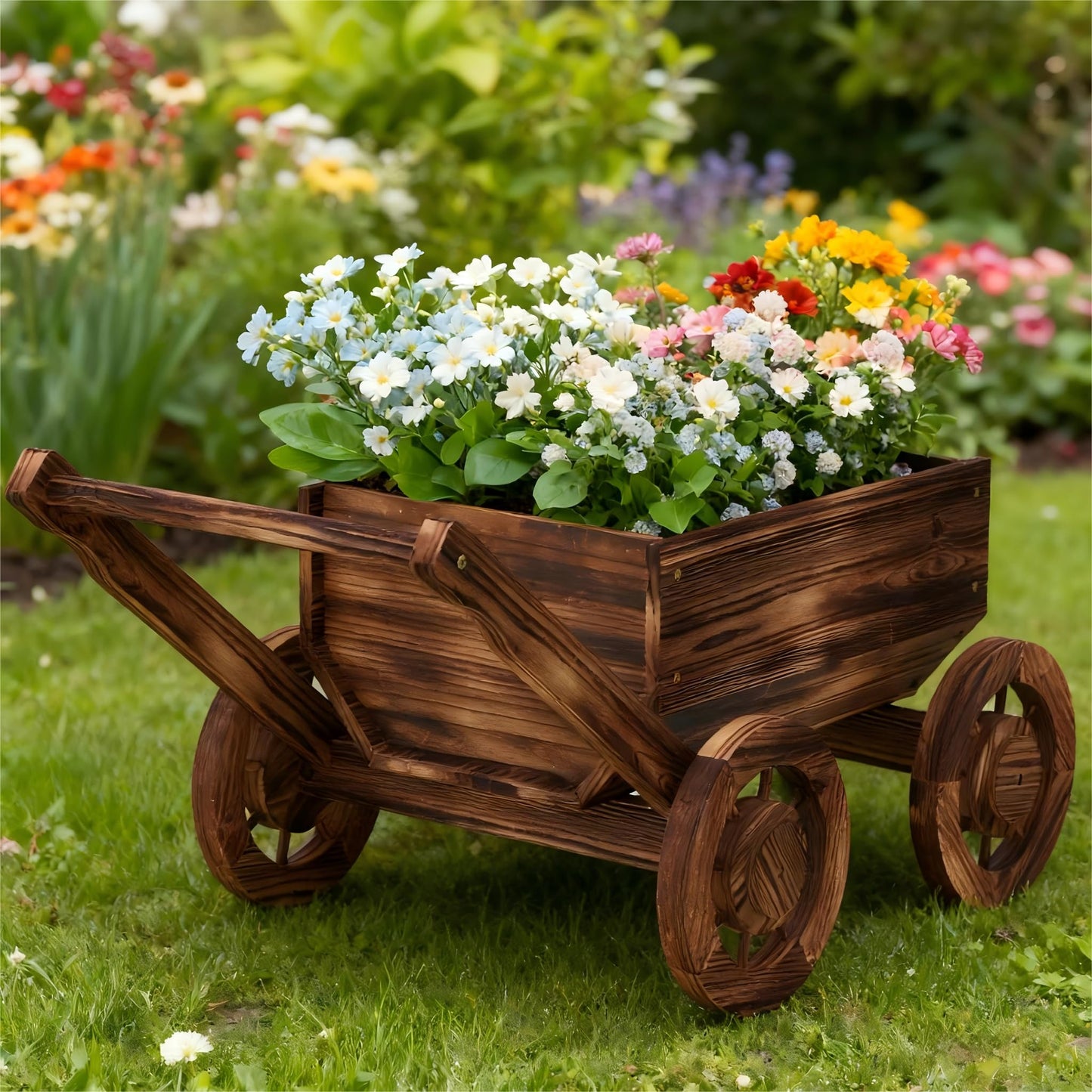 Wooden Flower Cart with Wheels Wooden Wagon Planter Outdoor Garden Planter Decor Planter Kit for Patio Balcony Trolley Decoration Succulent Flower Pot, Indoor Backyard Balcon Decor（Small）