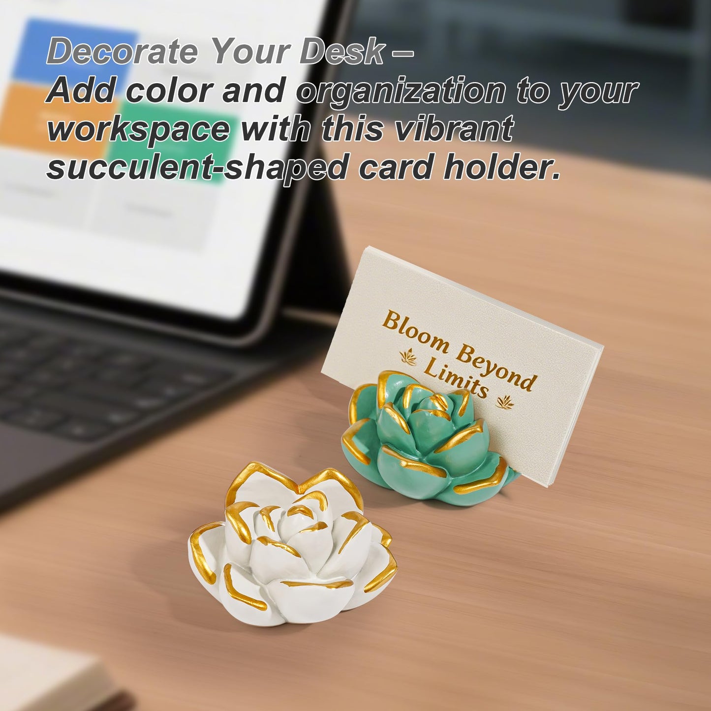 SB Goods Resin Succulent Business Card Holder Set of 3 (White/Purple/Green) - Modern Desk Organizer for Office & Store, Vertical Name Card Display Stand - Unique Gift Idea & Home Decor