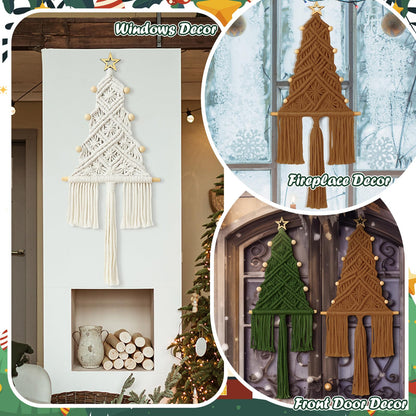 HunnmingRe 3 Pcs Large Macrame Christmas Tree Macrame Christmas Wall Decoration Hanging Ornaments Boho Wall Decor for Party Supplies (Beige,Brown and Army Green)