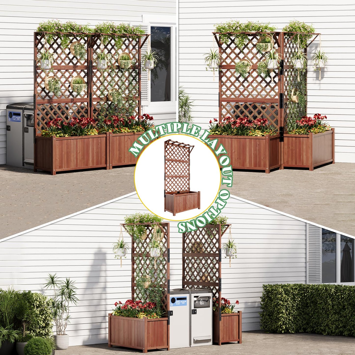 AMERLIFE 2 Pack Raised Garden Bed with Trellis for Vegetables, Climbing Plants, Durable Natural Wood Planter Box with Drainage Holes, Privacy Planter for Outdoor Yard & Patio, Easy Assembly