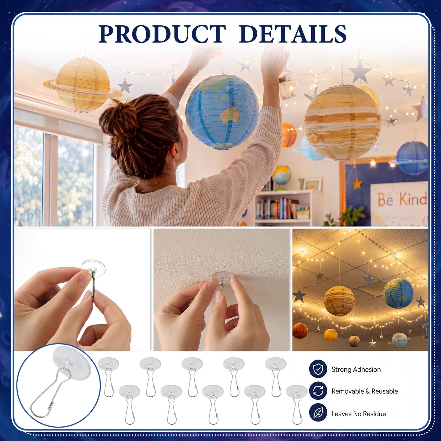 Relaxgiant 53 Pcs Space Ceiling Decoration for Classroom Galaxy Hanging Planet Decor Set with Solar System Lanterns, 66ft String Lights, Silver Stars, Hook for Outer Space Astronaut Birthday VBS Party