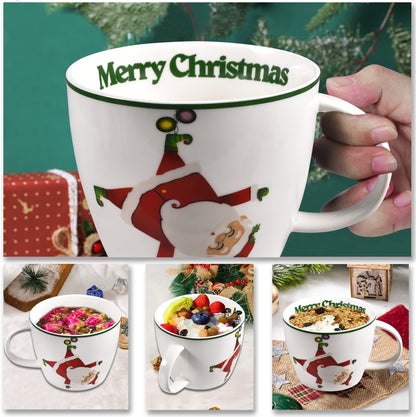 fMSDD Merry Christmas Coffee Mug Huge Novelty Cup Funny Ceramic Soup Bowl with Handle, 30 oz Wide, Multi-purpose, Santa Mug for Co-workers, Friends, Holiday Decor, White Green Letters