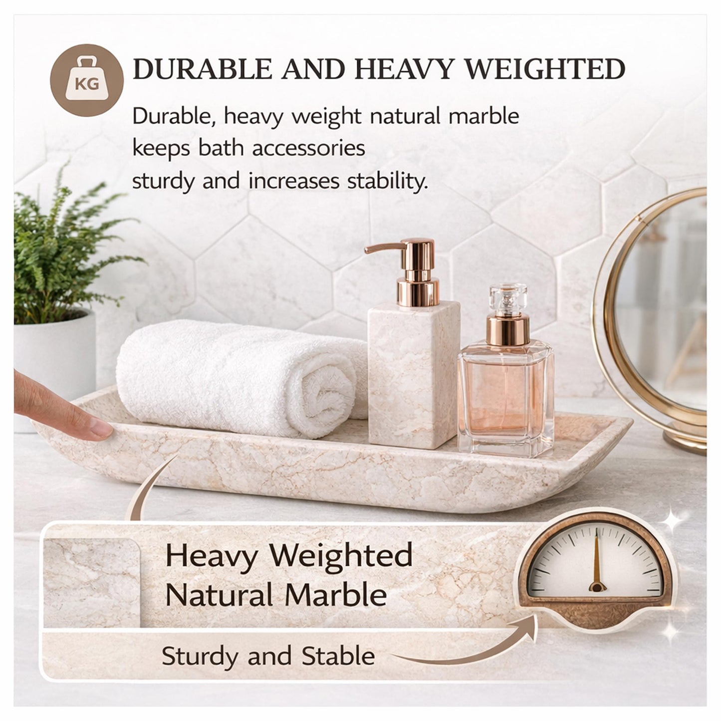 Creative Home Natural Champagne Marble Rectangular Vanity Tray Towel Tray Boat Shaped Tray Bathroom Accessories Organizer for Bathroom Countertop, Kitchen Sink, Jewelry, 16.5" x 6.3" x 1.5" H, Beige