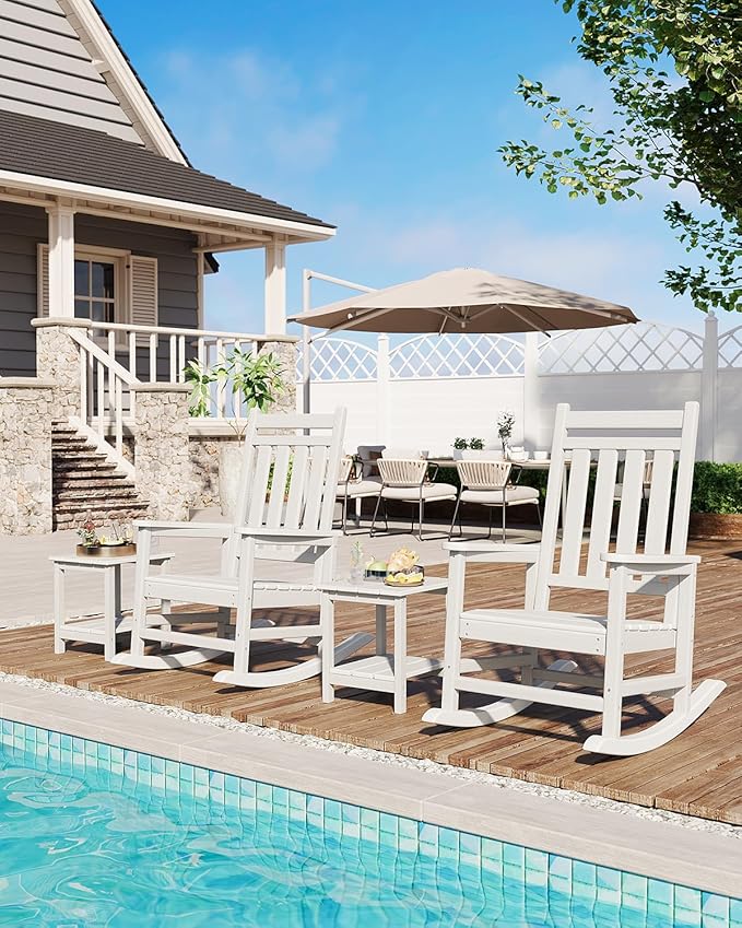 GarveeLife Poly Lumber Rocking Chair Outdoor - HDPE High Back Porch Rocker Chairs for Adults - All Weather Resistant Furniture for Patio - White