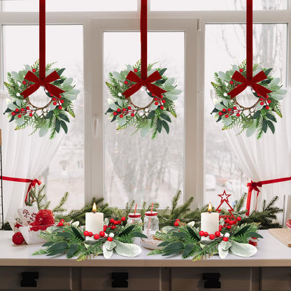6 Pcs 9'' Mini Christmas Hanging Wreaths Artificial Norfolk Pine Red Berries and Lambs Ear Leaves Small Candle Ring Wreaths for Kitchen Cabinet Farmhouse Front Door Window Xmas (Excluding Ribbons)