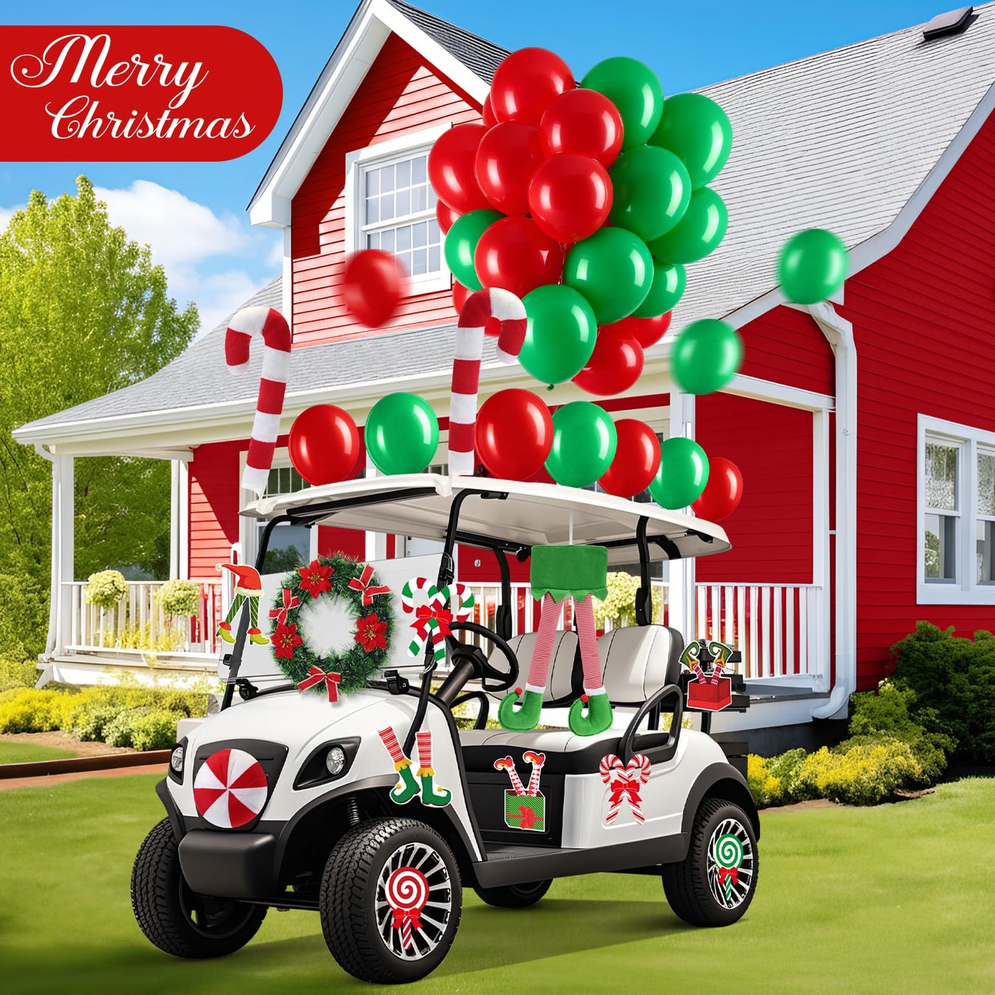 Soulchen 73 Pcs Christmas Car Decoration Kit Candy Cane Santa Claus Nose Hanging Elf Legs Xmas Wreath PVC Decoration Red Green Balloons Christmas Candy Car Accessories for Truck Vehicle Decorations